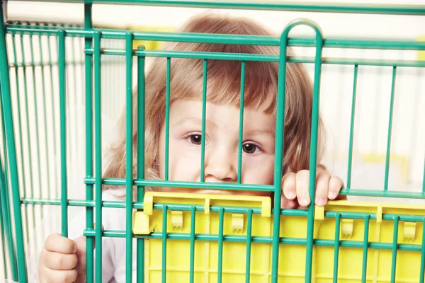 Portrait d'une jolie petite fille ennuyée dans une robe blanche assise dans un chariot avec des achats sur fond blanc . — Photo