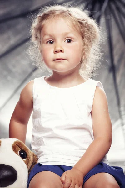 스튜디오에서 봉 제 장난감 앉아 캐주얼 드레스에 귀여운 어린 소녀의 초상화. — 스톡 사진
