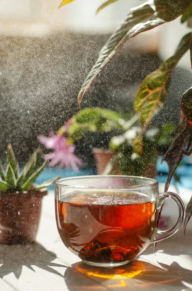 Närbild Glas Kopp Röda Jordgubbar Blommor Krukor Trä Bakgrund — Stockfoto