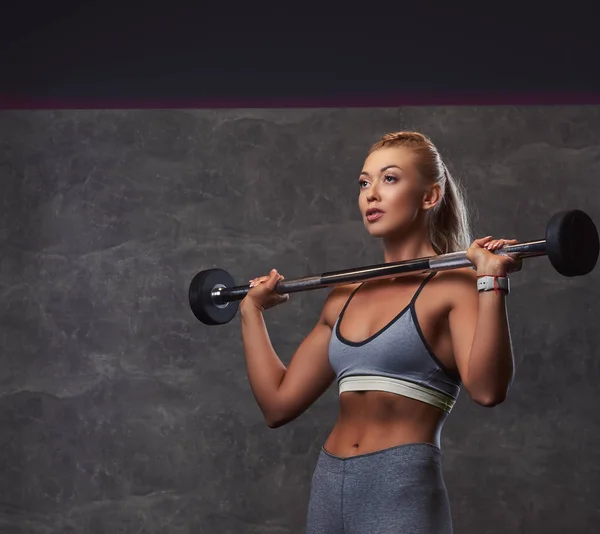 Beautifull fitness kvinna i grå sportkläder gör övning med en skivstång på gymmet. — Stockfoto