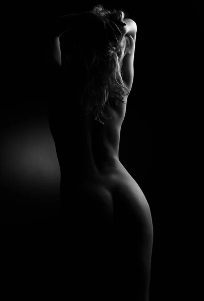 Silhuett Naken Kvinna Mörkret Naken Sensuell Sexig Vacker Figur Kvinna — Stockfoto