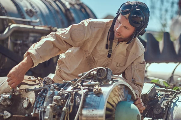 Portrait Pilot Mechanic Uniform Flying Helmet Repairing Dismantled ...