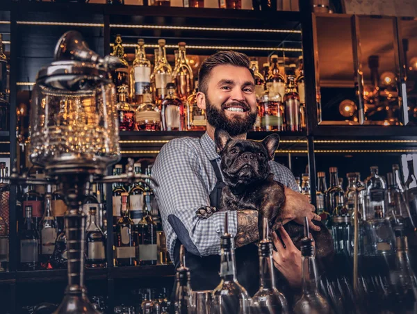 Barman Brutal Élégant Dans Une Chemise Tablier Garde Pur Sang — Photo