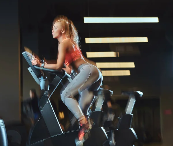 Modern fitness merkezinde bir egzersiz bisikleti günü spor eğitim genç güzel sarışın kadın. — Stok fotoğraf