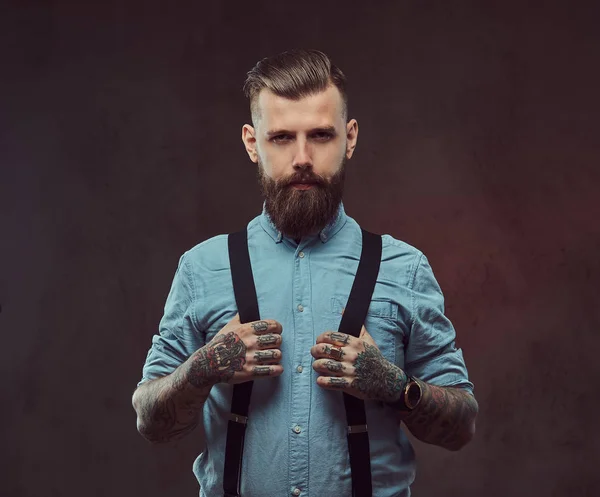 Portrait Handsome Old Fashioned Hipster Blue Shirt Suspenders Posing Studio — Stock Photo, Image