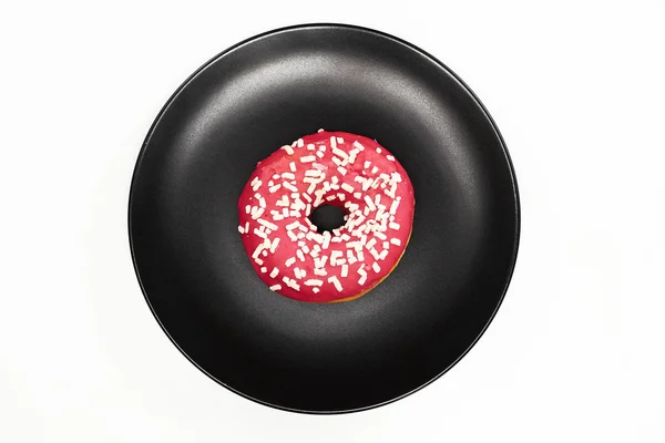 Appetizing Donut Sprinkles Lie Black Ceramic Plate Isolated White Background — Stock Photo, Image