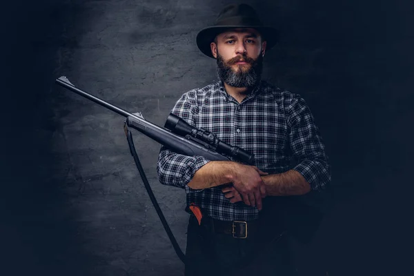 Handsome Bearded Hunter Traveler Fleece Shirt Hat Holds Rifle Sight — Stock Photo, Image