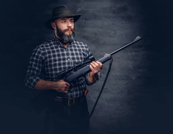 Handsome Bearded Hunter Traveler Fleece Shirt Hat Holds Rifle Sight — Stock Photo, Image