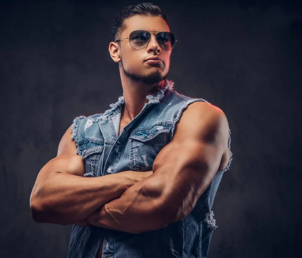 Sexy Naked Fashionable Athletic Man Denim Vest Sunglasses Poses Crossed — Stock Photo, Image