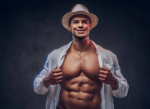 Portrait Beau Mec Sexy Souriant Avec Corps Musclé Dans Une — Photo