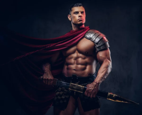 Brutala Antika Grekland Krigare Med Muskulös Kropp Slaget Uniformer Poserar — Stockfoto