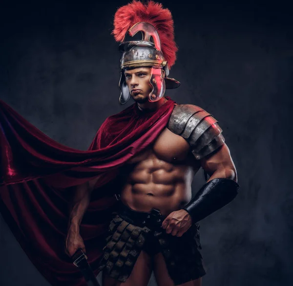 Portrait Brutal Roman Legionary Battle Uniforms Dark Background — Stock Photo, Image