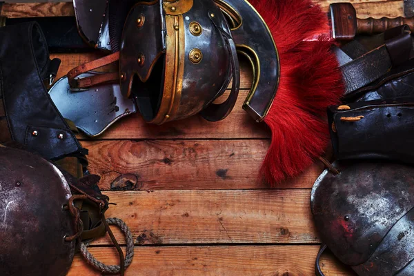 Complete Combat Equipment Ancient Greek Warrior Wooden Boards Background — Stock Photo, Image