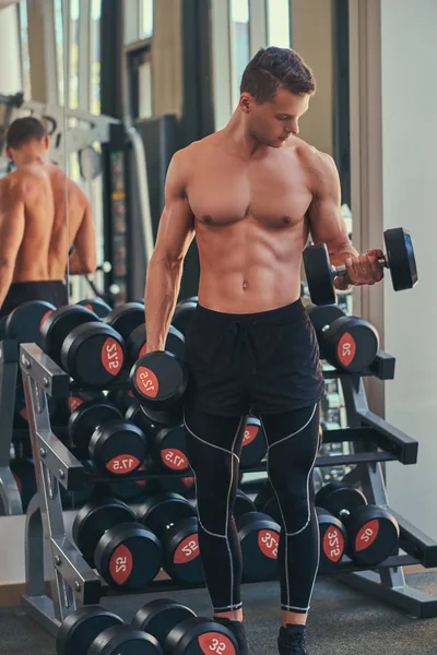 Sexy Chico Desnudo Con Cuerpo Muscular Haciendo Ejercicio Con Mancuernas — Foto de Stock