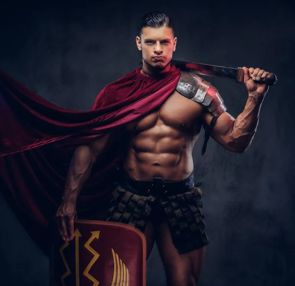 Портрет Жестокого Римского Легионера Боевой Форме Тёмном Фоне — стоковое фото