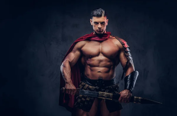 Brutal Ancient Greek Warrior Muscular Body Battle Equipment Posing Dark — Stock Photo, Image