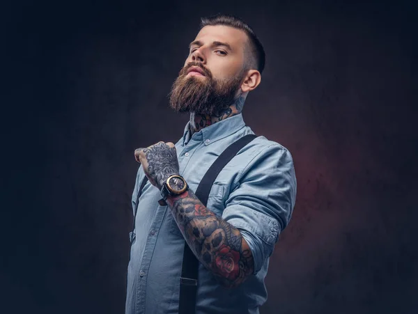 Portrait Handsome Old Fashioned Hipster Blue Shirt Suspenders Isolated Dark — Stock Photo, Image