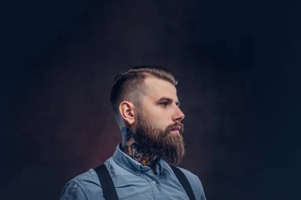 Perfil Belo Hipster Moda Antiga Com Uma Camisa Azul Suspensórios — Fotografia de Stock