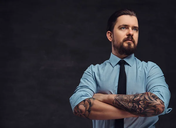 Portrait Tattooed Handsome Middle Aged Man Beard Hairstyle Dressed Blue — Stock Photo, Image