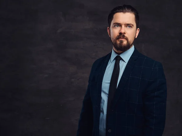 Close-up portrait of a handsome middle-aged man with beard and hairstyle dressed in an elegant formal suit on a textured dark background in studio.