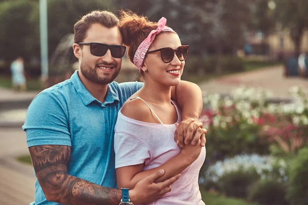 Bearded Male Hugs His Beautiful Redhead Wife While Standing Park — Stock Photo, Image