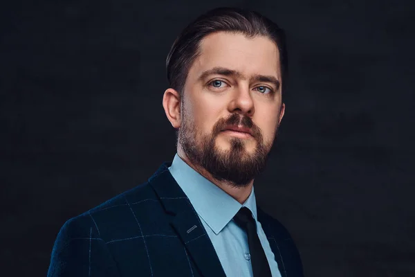 Close-up portrait of a handsome middle-aged man with beard and hairstyle dressed in an elegant formal suit on a textured dark background in studio.