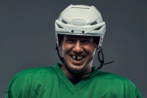 Close Portrait Professional Hockey Player Protective Sportswear Helmet Isolated Gray — Stock Photo, Image
