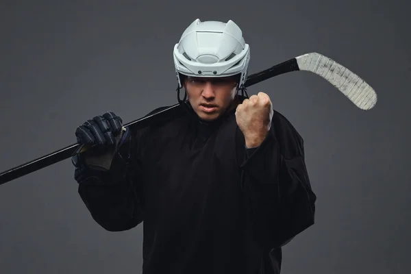 Angry Professional Hockey Player Black Sportswear Standing Hockey Stick Isolated — Stock Photo, Image