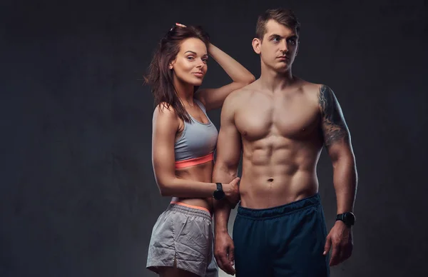 Attractive Couple Slim Brunette Female Wearing Sports Bra Shorts Handsome — Stock Photo, Image