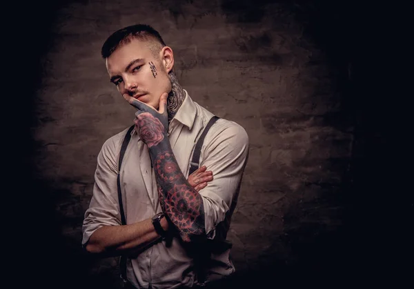 Close Portrait Thoughtful Young Old Fashioned Tattooed Guy Wearing White — Stock Photo, Image