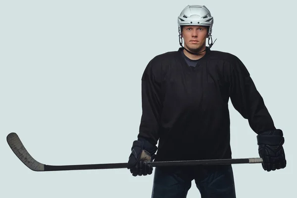 Hockey Player Wearing Black Protective Gear White Helmet Holds Hockey — Stock Photo, Image