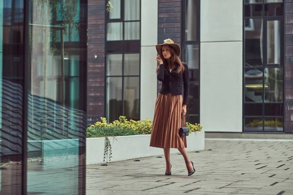 Fashion Elegant Woman Wearing Black Jacket Brown Hat Skirt Handbag — Stock Photo, Image
