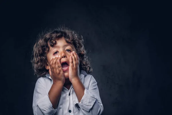 Disgruntled Schoolboy Brown Curly Hair Dressed White Holds Hands Face — Stock Photo, Image