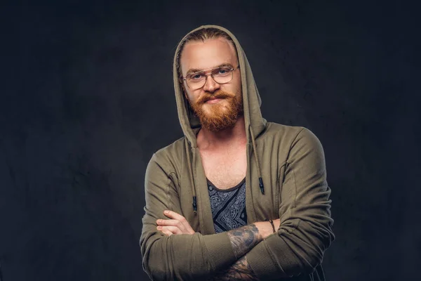 Portrait Smiling Redhead Hipster Full Beard Glasses Dressed Hoodie Shirt — Stock Photo, Image