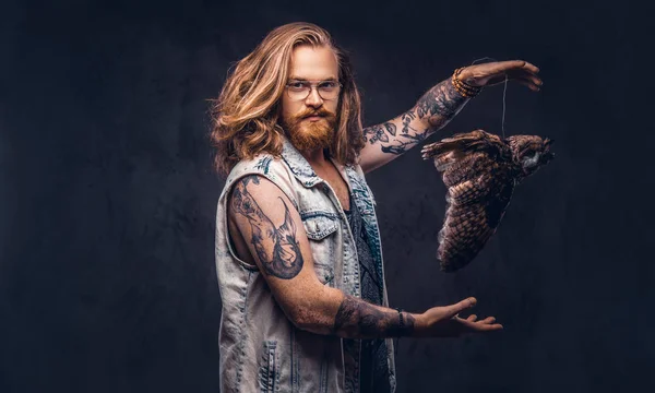 Portrait Tattoed Redhead Hipster Male Long Luxuriant Hair Full Beard — Stock Photo, Image