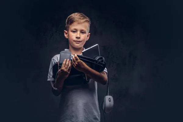 Cute Schoolboy Dressed White Shirt Holds Full Digital Set Entertainment — Stock Photo, Image