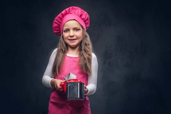 Pembe Aşçı Üniforma Giymiş Güzel Kız Öğrenci Gülümseyen Tencere Bir — Stok fotoğraf