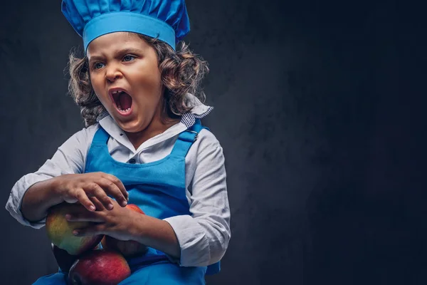 Dissatisfied Little Boy Brown Curly Hair Dressed Blue Cook Uniform — Stock Photo, Image