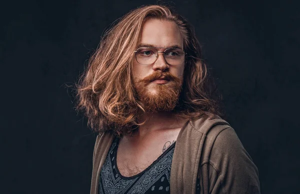 Retrato Close Hipster Ruivo Macho Com Cabelo Longo Luxuoso Barba — Fotografia de Stock