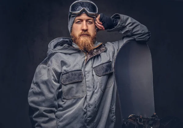 Brutal Redhead Snowboarder Full Beard Winter Hat Protective Glasses Dressed — Stock Photo, Image