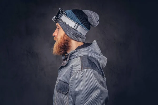 Portrait Redhead Snowboarder Full Beard Winter Hat Protective Glasses Dressed — Stock Photo, Image