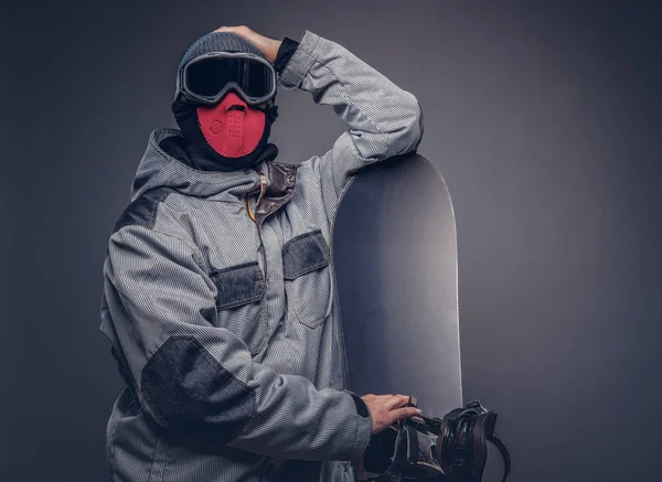 Portrait Snowboarder Dressed Full Protective Gear Extream Snowboarding Posing Snowboard — Stock Photo, Image