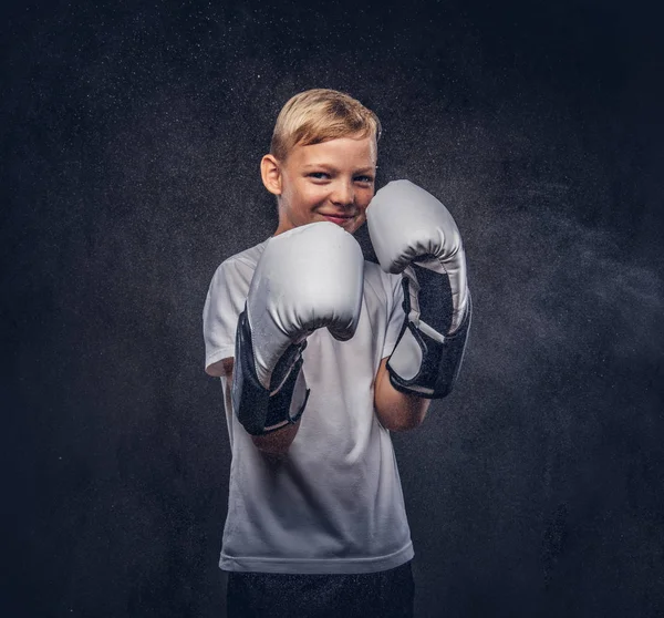 Örömteli Fiatal Fiú Boxer Szőke Haj Öltözött Fehér Póló Pózol — Stock Fotó