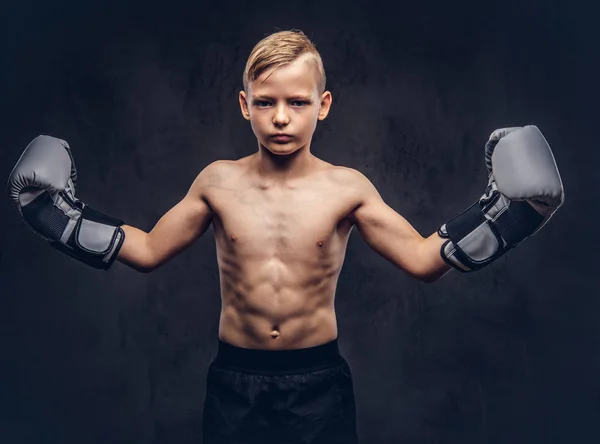 Fiatal Félmeztelen Fiú Boxer Boksz Kesztyűket Pózol Egy Stúdióban Egy — Stock Fotó