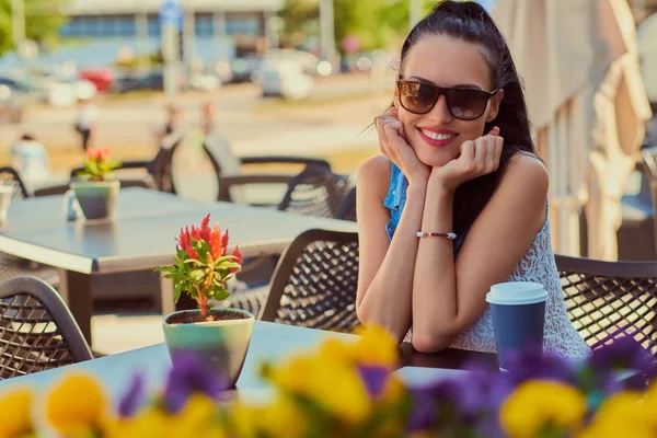 Portret Szczęśliwy Urocza Dziewczyna Brunetka Noszą Modne Ciuchy Podziwiając Letnich — Zdjęcie stockowe