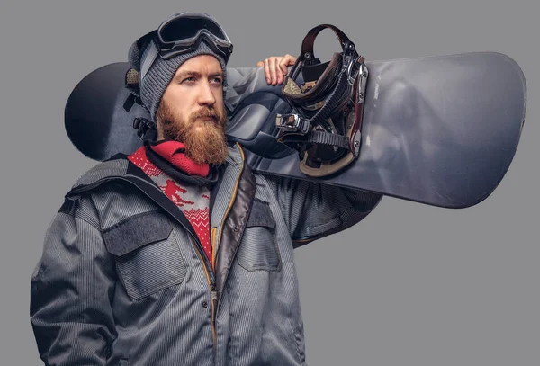 Brutal Redhead Snowboarder Full Beard Winter Hat Protective Glasses Dressed — Stock Photo, Image