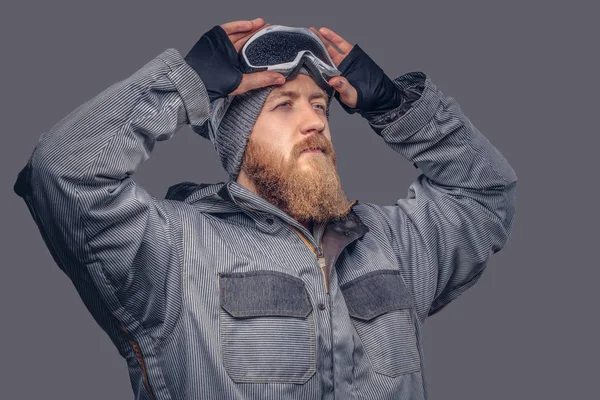 Portrait Redhead Snowboarder Full Beard Winter Hat Protective Glasses Dressed — Stock Photo, Image