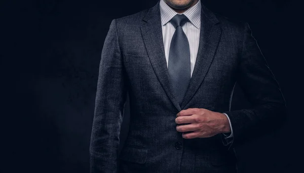 Cropped Portrait Successful Businessman Buttoning His Elegant Suit Isolated Dark — Stock Photo, Image