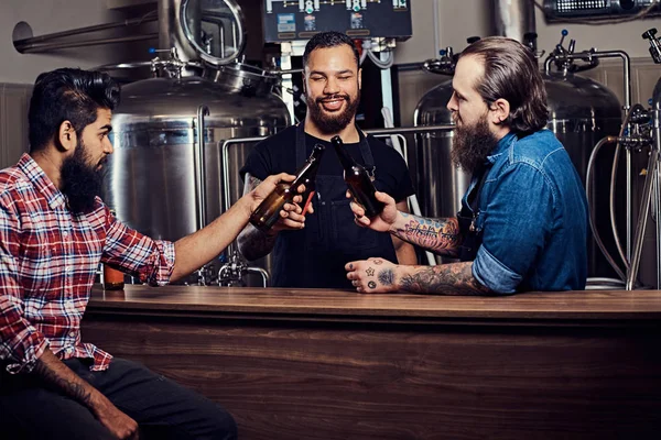 Three bearded interracial friends drink craft beer and talk in a brewery. Hipster workers in aprons drink beer with their friend in a brewery factory. Old friends gathered to drink beer and chat.