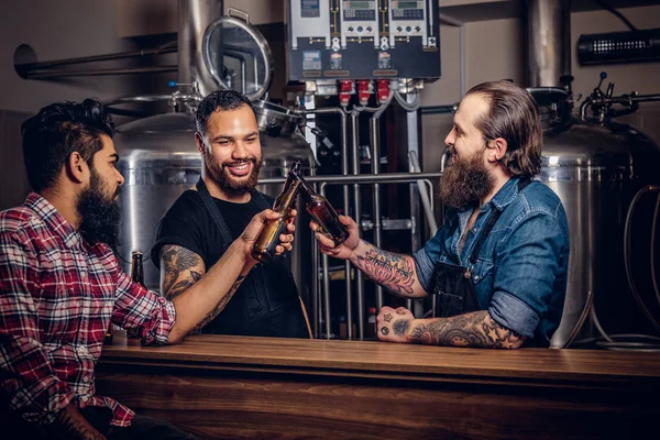 Три Бородаті Міжрасові Друзі Ють Ремісниче Пиво Розмовляють Пивоварні Робітники — стокове фото